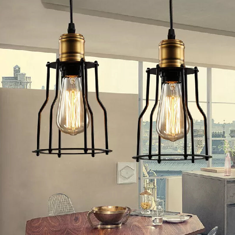 Black Caged Metal Pendant Light With Single Bulb Suspension For Warehouse