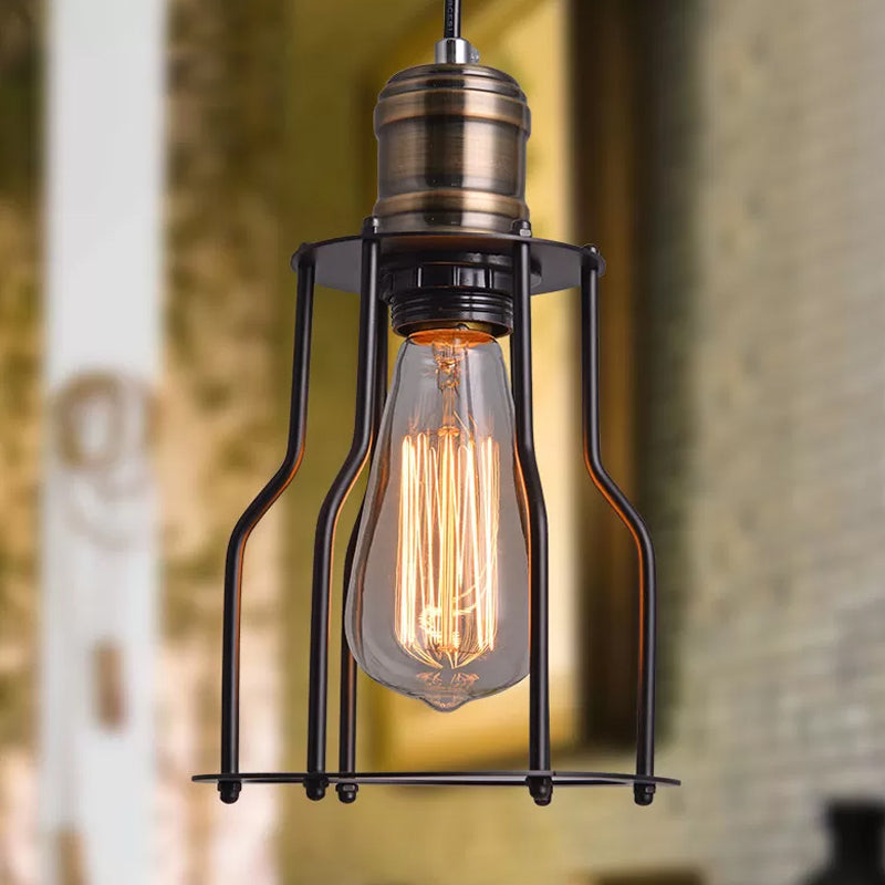 Black Caged Metal Pendant Light With Single Bulb Suspension For Warehouse