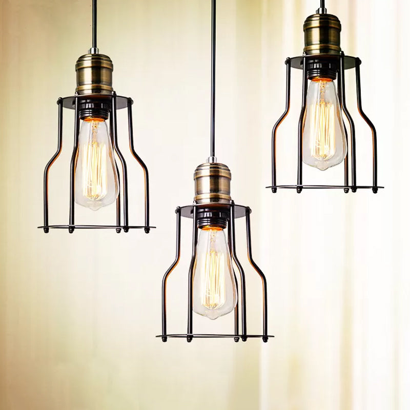 Black Metal Cage Single-Bulb Pendant Light for Warehouse Suspension