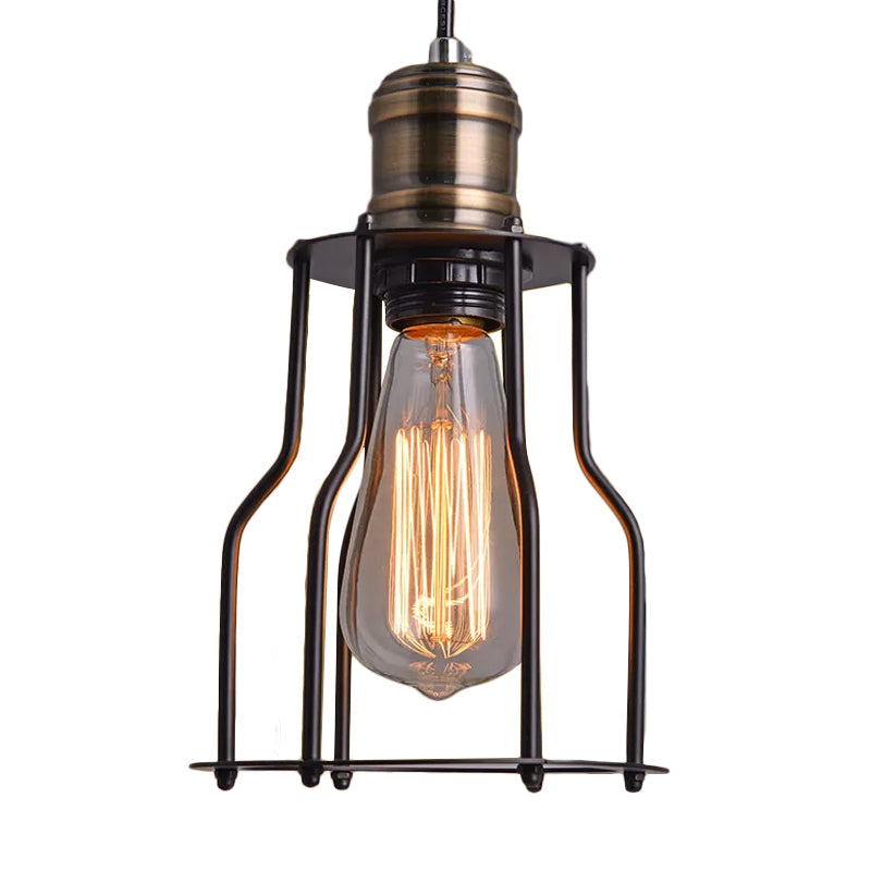 Black Metal Cage Single-Bulb Pendant Light for Warehouse Suspension