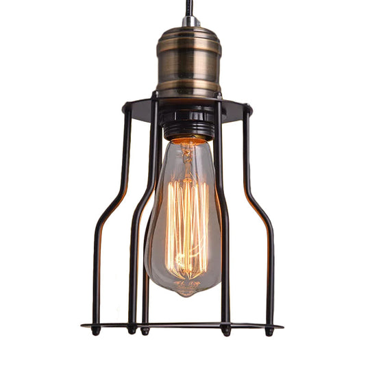 Black Metal Cage Single-Bulb Pendant Light for Warehouse Suspension