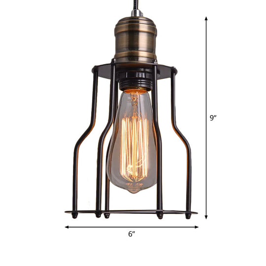 Black Metal Cage Single-Bulb Pendant Light for Warehouse Suspension