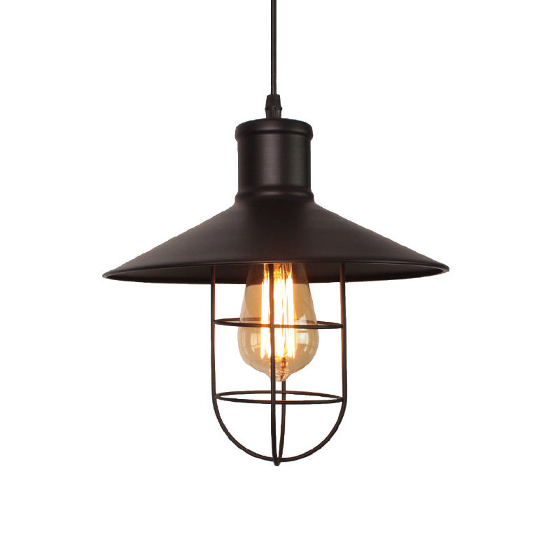 Black Metal Saucer Pendant Lamp with Cage Bottom - Industrial Style 1 Head Hanging Light