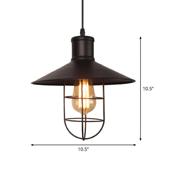 Black Metal Saucer Pendant Lamp with Cage Bottom - Industrial Style 1 Head Hanging Light