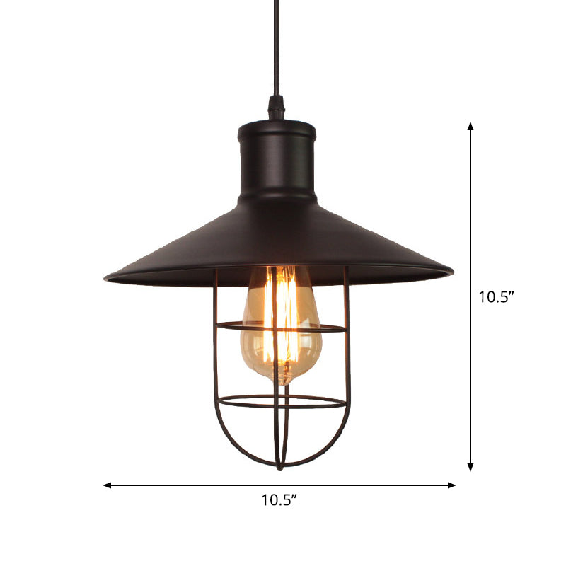 Black Industrial Pendant Lamp - Metal Hanging Light With Cage Bottom