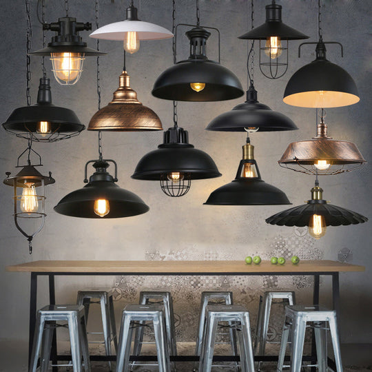 Industrial-Style Black Iron Pendant Lamp for Restaurants: 1-Light Bowl/Cage/Barn Design