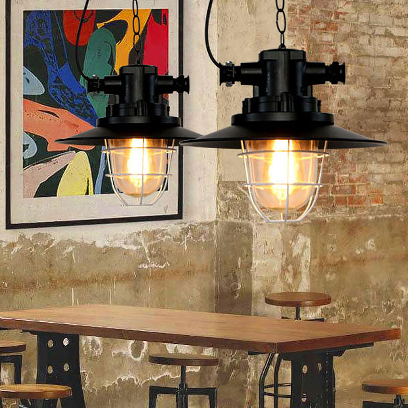 Industrial-Style Black Iron Pendant Lamp For Restaurants - 1-Light Bowl/Cage/Barn Design / F