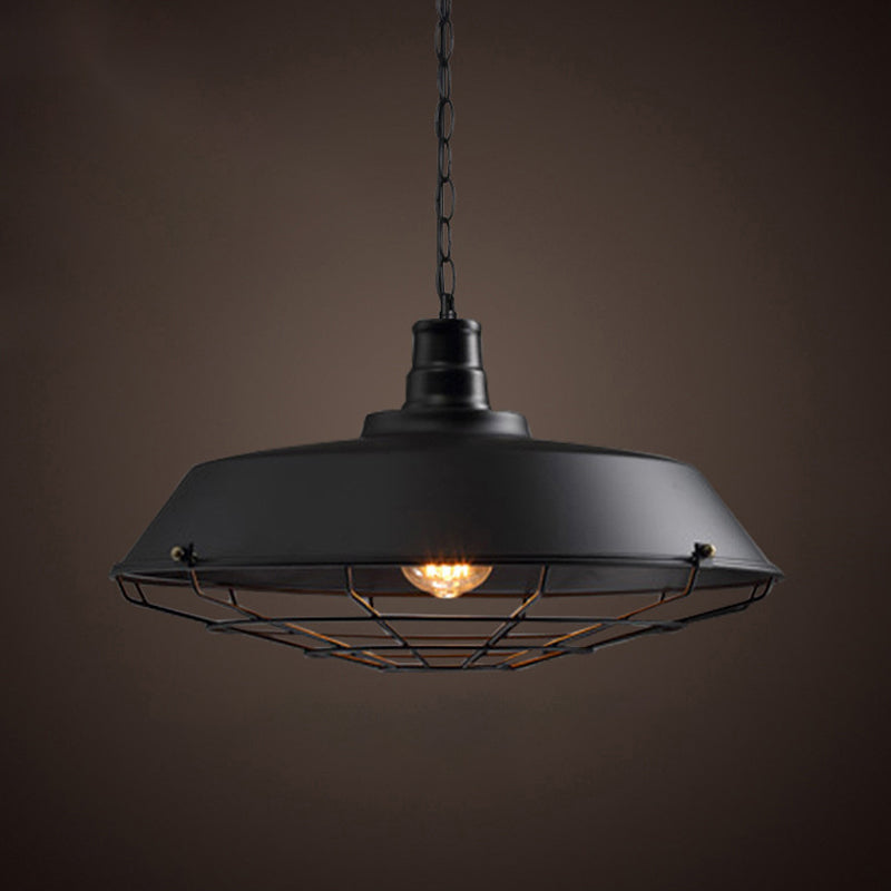 Industrial-Style Black Iron Pendant Lamp For Restaurants - 1-Light Bowl/Cage/Barn Design