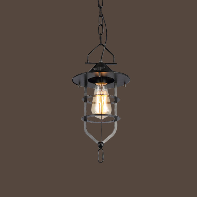 Industrial-Style Black Iron Pendant Lamp for Restaurants: 1-Light Bowl/Cage/Barn Design