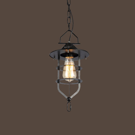 Industrial-Style Black Iron Pendant Lamp For Restaurants - 1-Light Bowl/Cage/Barn Design