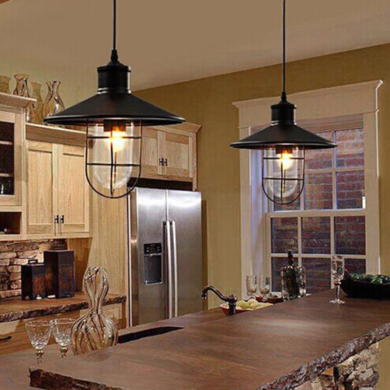 Rustic Iron Saucer Dining Room Pendulum Light - Black Pendant Lamp with 2 Extra Shade Guards - 10.5"/14" Wide - 1 Bulb