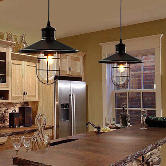 Saucer Pendulum Light - Rustic Iron 1 Bulb 10.5/14 Wide Black Pendant Lamp With 2-Shade Guard / 10.5