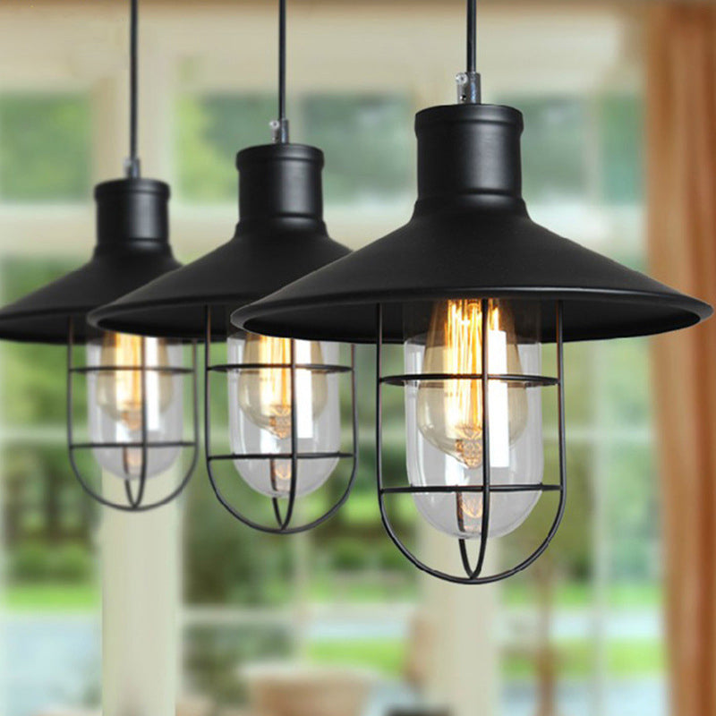 Saucer Pendulum Light - Rustic Iron 1 Bulb 10.5/14 Wide Black Pendant Lamp With 2-Shade Guard