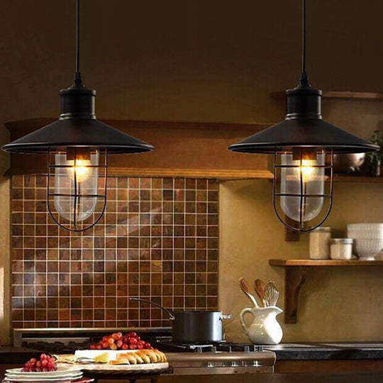 Saucer Pendulum Light - Rustic Iron 1 Bulb 10.5/14 Wide Black Pendant Lamp With 2-Shade Guard