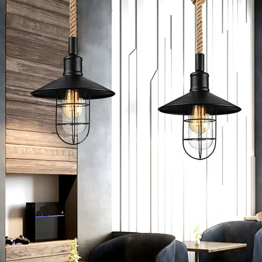 Farmhouse Iron Pendant Light With Hemp Rope Cord - Single Ceiling Fixture For Dining Room In Black /