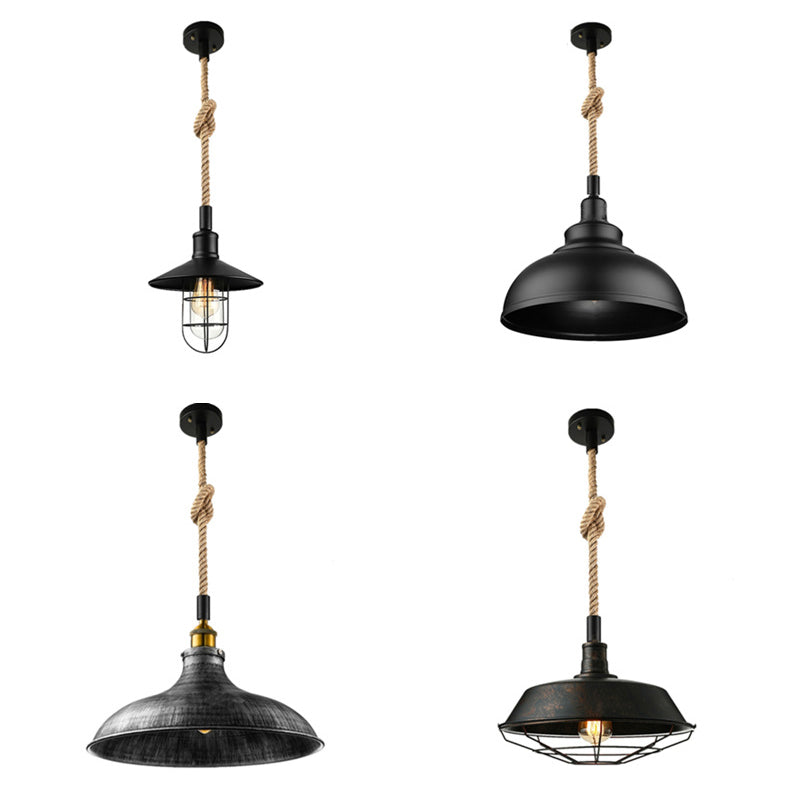 Kaylee - Suspension simple en fer Farmhouse en noir avec corde de chanvre