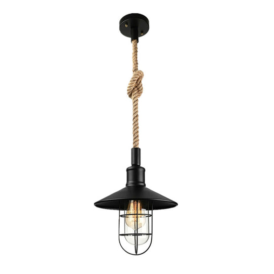 Farmhouse Iron Pendant Light With Hemp Rope Cord - Single Ceiling Fixture For Dining Room In Black