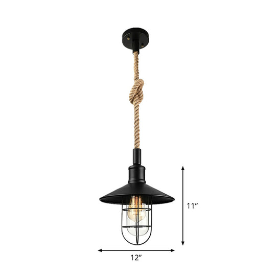 Farmhouse Iron Pendant Light With Hemp Rope Cord - Single Ceiling Fixture For Dining Room In Black