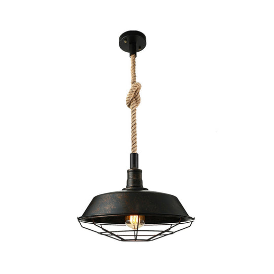 Farmhouse Iron Pendant Light With Hemp Rope Cord - Single Ceiling Fixture For Dining Room In Black /