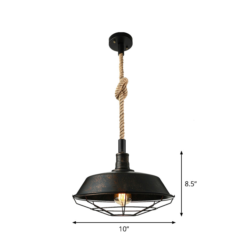 Farmhouse Iron Pendant Light With Hemp Rope Cord - Single Ceiling Fixture For Dining Room In Black