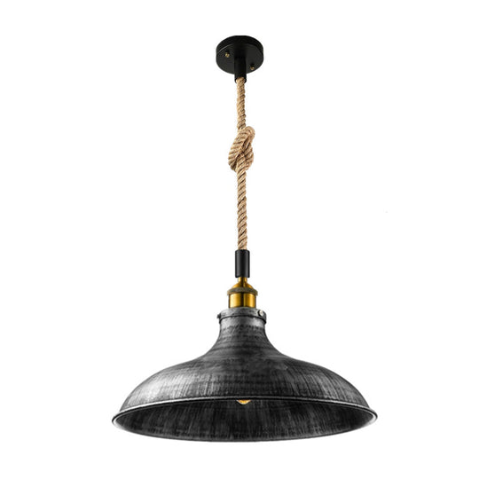 Farmhouse Iron Pendant Light With Hemp Rope Cord - Single Ceiling Fixture For Dining Room In Black /