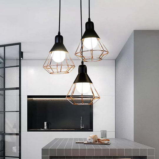 Black & Rose Gold Pendant Light: Loft Style Iron Cone/Cage Ceiling Hang - Ideal For Dining Table