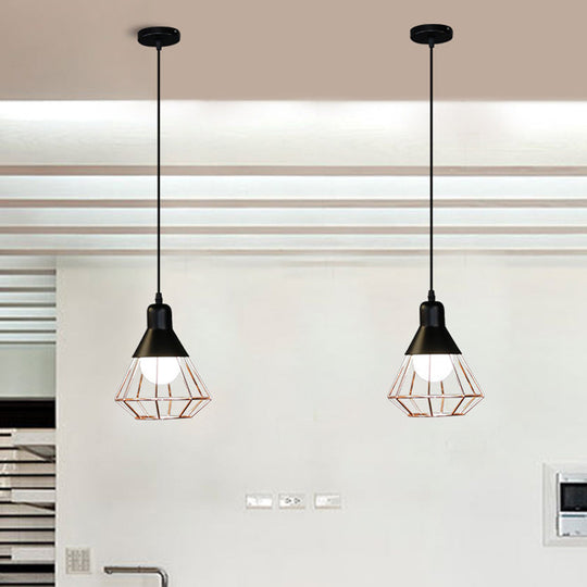 Black & Rose Gold Pendant Light: Loft Style Iron Cone/Cage Ceiling Hang - Ideal For Dining Table