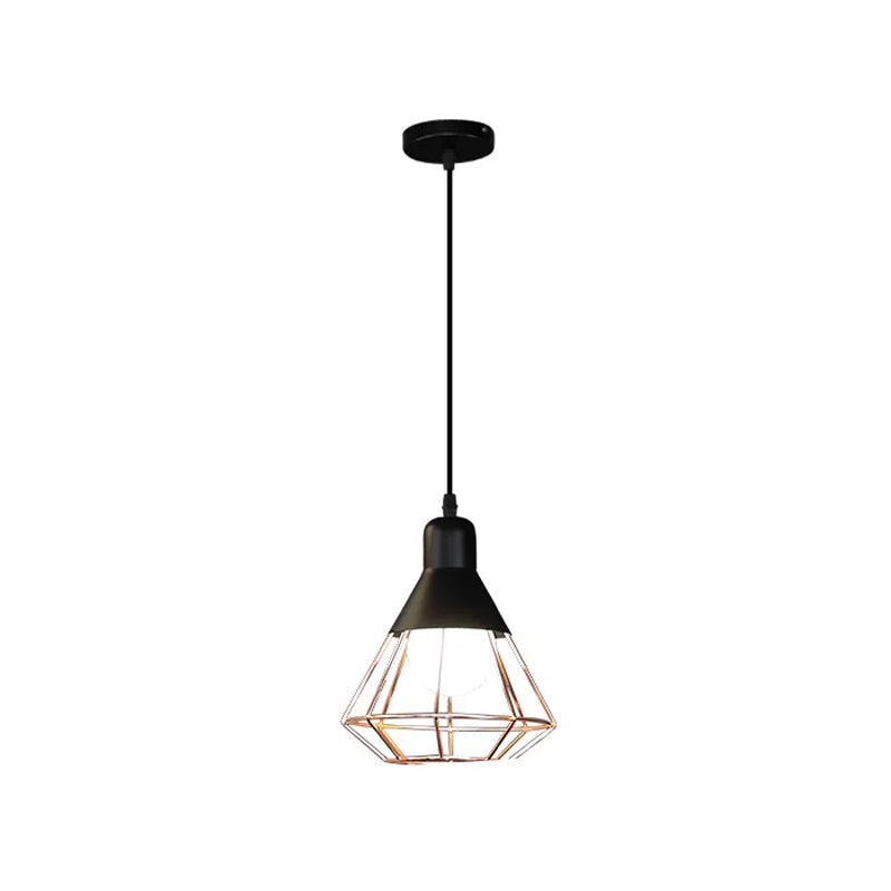 Black and Rose Gold Drop Pendant Ceiling Light - Loft Style Iron Cone/Cage Design