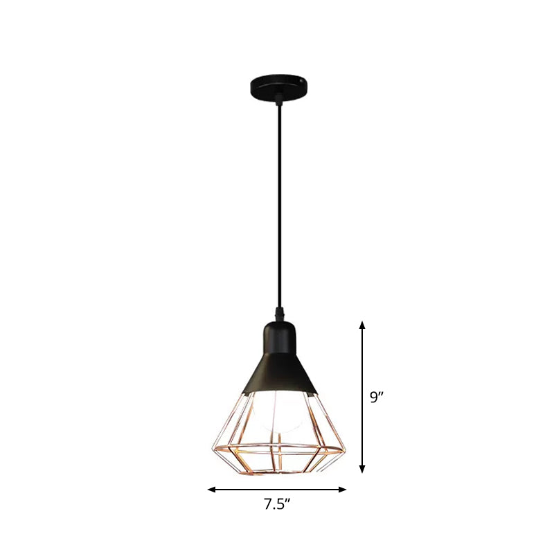 Black and Rose Gold Drop Pendant Ceiling Light - Loft Style Iron Cone/Cage Design