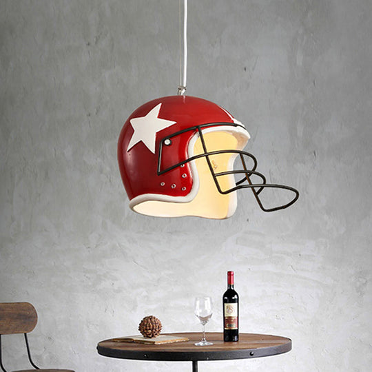 Industrial Red/White Resin Soccer Helmet Pendant Light - Perfect For Restaurants Red