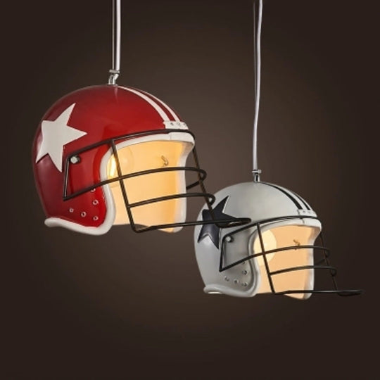 Industrial Soccer Helmet Pendant Light in Red/White for Restaurants