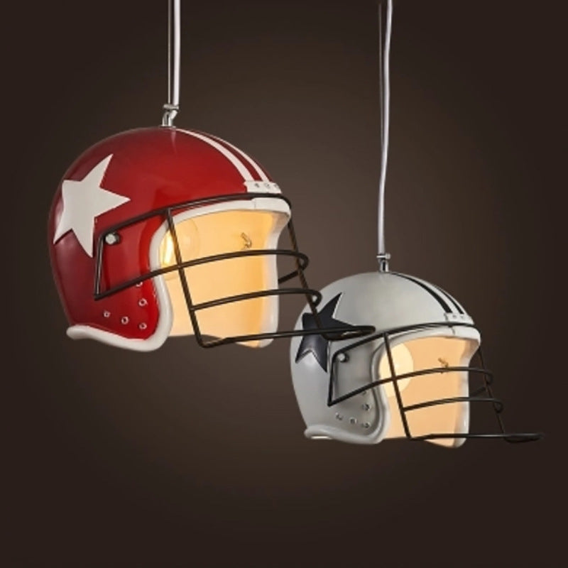 Industrial Red/White Resin Soccer Helmet Pendant Light - Perfect For Restaurants