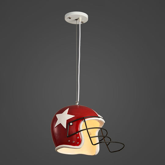 Industrial Red/White Resin Soccer Helmet Pendant Light - Perfect For Restaurants