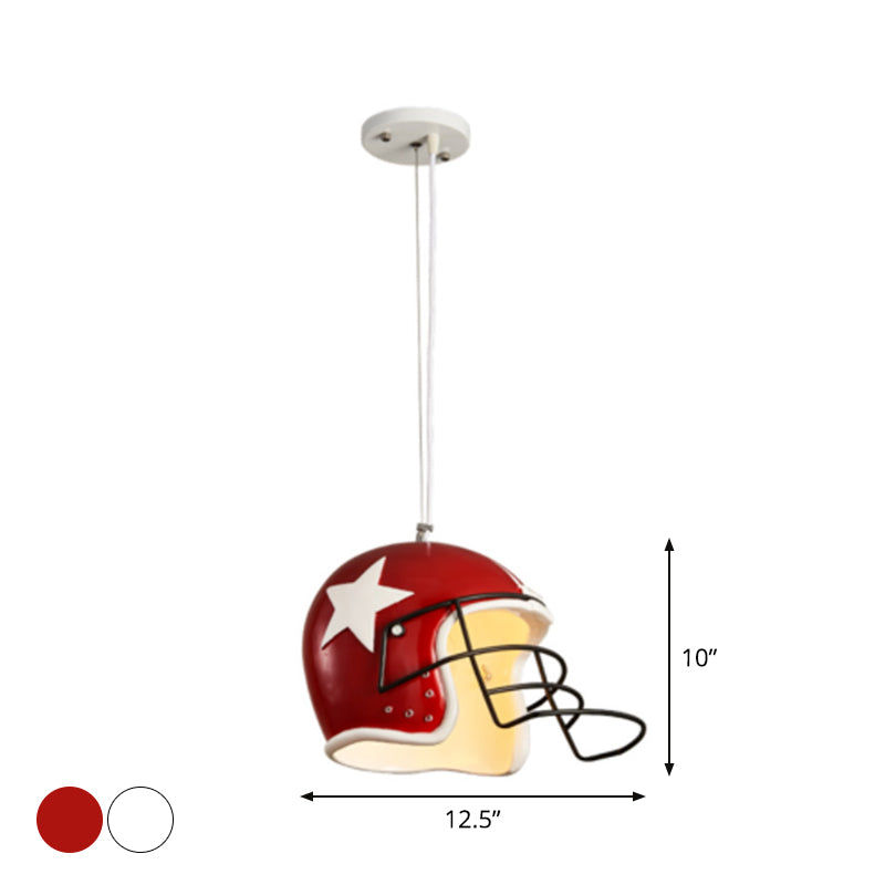 Industrial Red/White Resin Soccer Helmet Pendant Light - Perfect For Restaurants