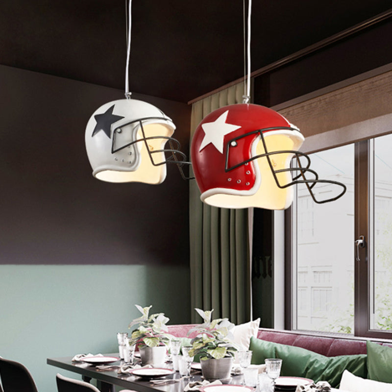 Industrial Red/White Resin Soccer Helmet Pendant Light - Perfect For Restaurants White