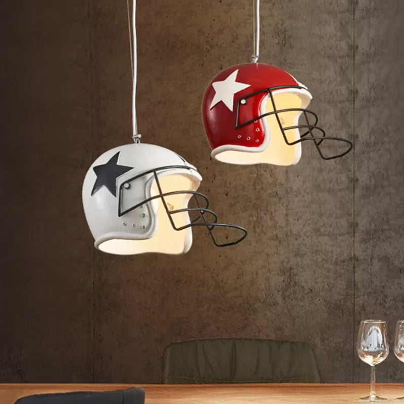 Industrial Red/White Resin Soccer Helmet Pendant Light - Perfect For Restaurants