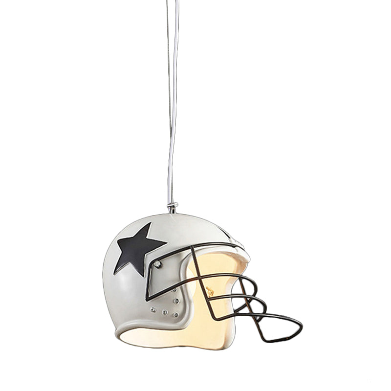 Industrial Red/White Resin Soccer Helmet Pendant Light - Perfect For Restaurants