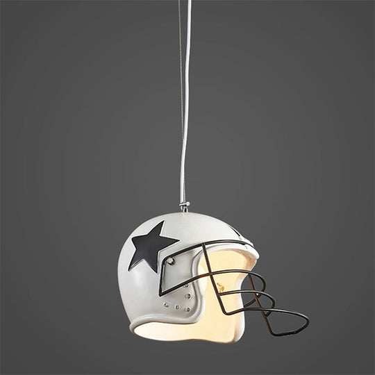 Industrial Red/White Resin Soccer Helmet Pendant Light - Perfect For Restaurants