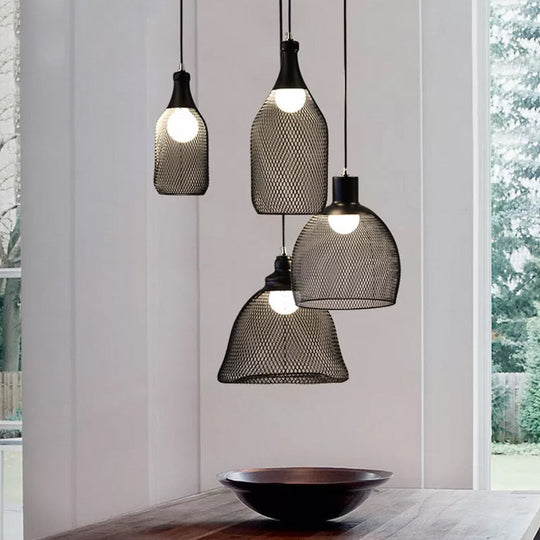 Loft Style Black Iron Mesh Drop Pendant Ceiling Suspension Lamp for Dining Room - 1-Light Dome/Bell/Oval Design