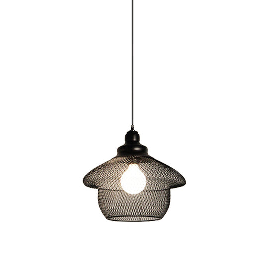 Loft Style Black Iron Mesh Drop Pendant Ceiling Suspension Lamp for Dining Room - 1-Light Dome/Bell/Oval Design