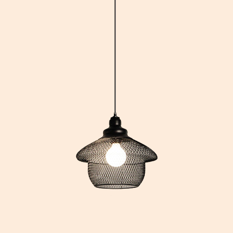 Loft Style Black Iron Mesh Drop Pendant Ceiling Suspension Lamp for Dining Room - 1-Light Dome/Bell/Oval Design