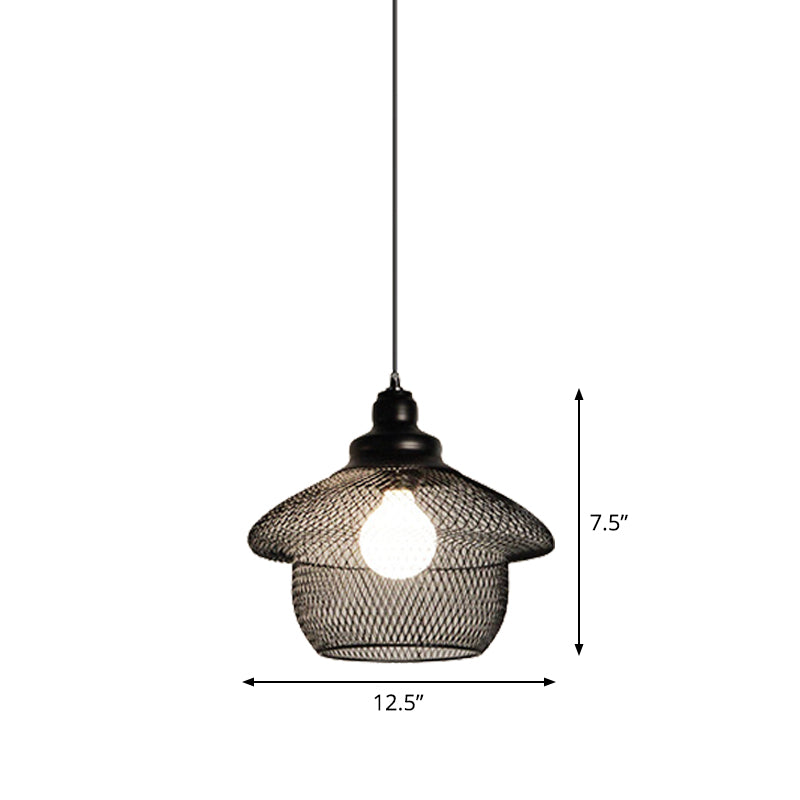 Loft Style Black Iron Mesh Drop Pendant Ceiling Suspension Lamp for Dining Room - 1-Light Dome/Bell/Oval Design