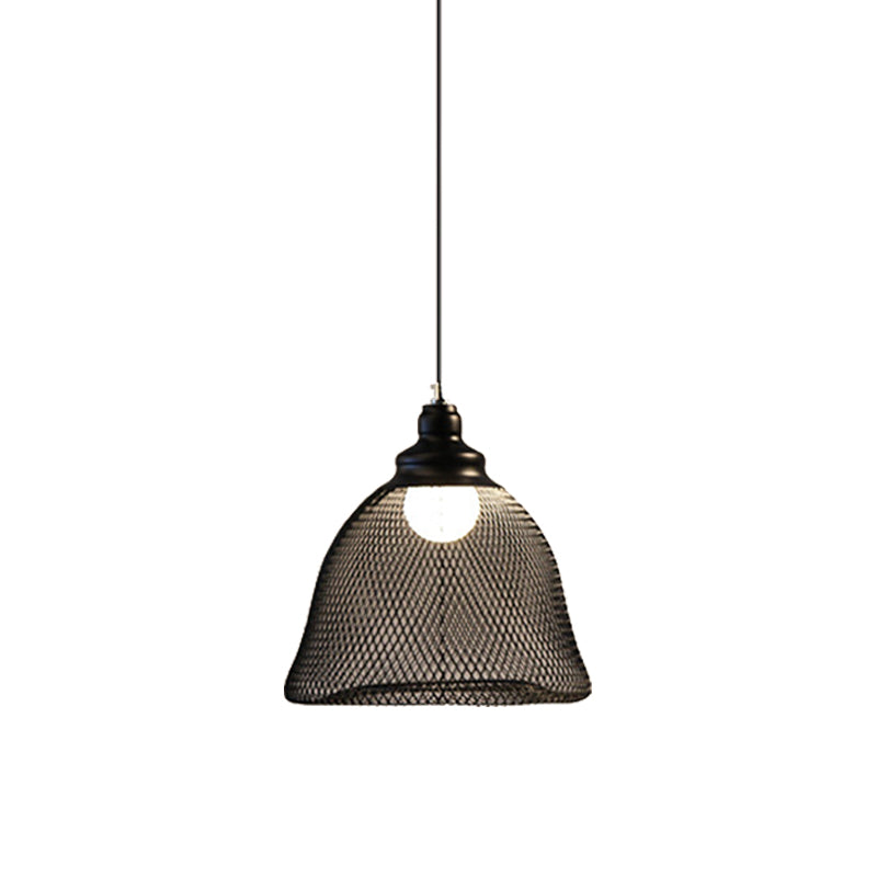 Mesh Drop Pendant Loft Style Black Iron Ceiling Lamp - 1-Light Dome/Bell/Oval Design For Dining Room