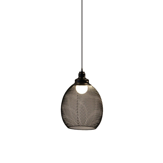 Loft Style Black Iron Mesh Drop Pendant Ceiling Suspension Lamp for Dining Room - 1-Light Dome/Bell/Oval Design