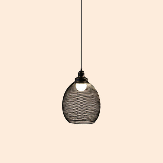 Loft Style Black Iron Mesh Drop Pendant Ceiling Suspension Lamp for Dining Room - 1-Light Dome/Bell/Oval Design