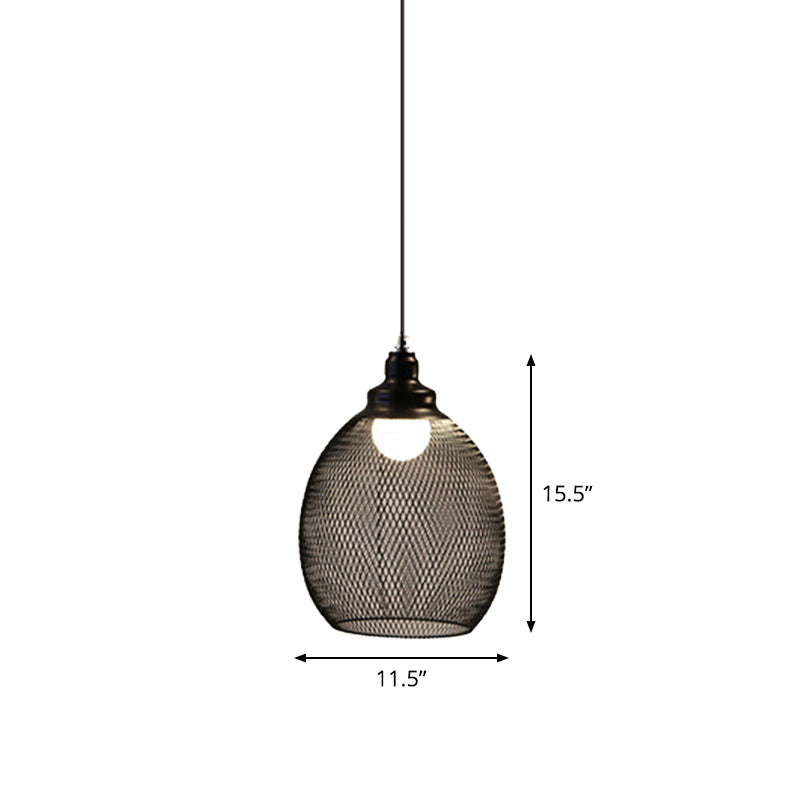 Loft Style Black Iron Mesh Drop Pendant Ceiling Suspension Lamp for Dining Room - 1-Light Dome/Bell/Oval Design