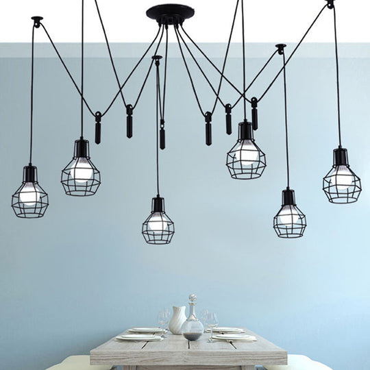 Industrial Black Iron Swag Pendant Lighting with 6 Caged Lights and Pulley