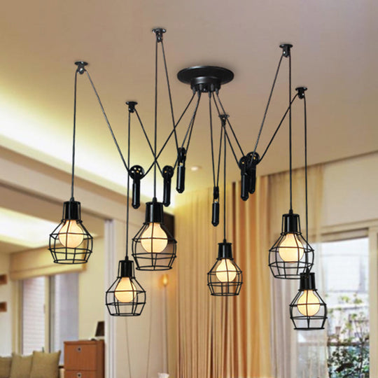 Industrial Black Iron Swag Pendant Lighting with 6 Caged Lights and Pulley