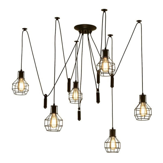 Industrial Black Iron Swag Pendant Lighting with 6 Caged Lights and Pulley