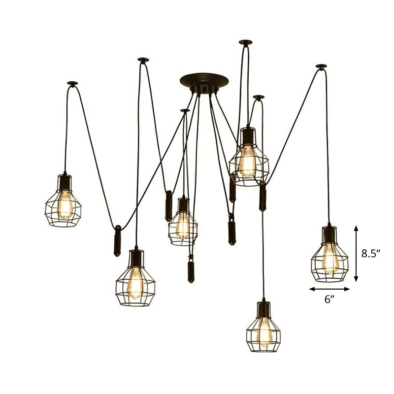 Industrial Black Iron Swag Pendant Lighting with 6 Caged Lights and Pulley